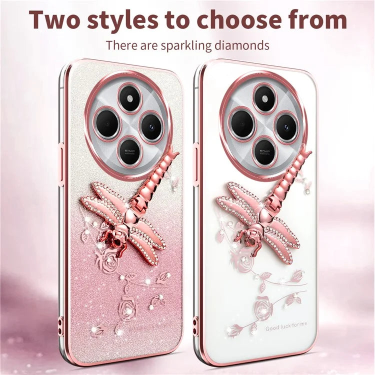 KADEM For Xiaomi Redmi 14C 4G Case Dragonfly Kickstand TPU Flowers Glitter Phone Cover