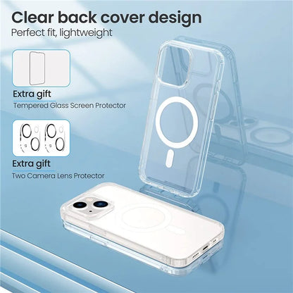 For iPhone 15 Case Compatible with MagSafe PC+TPU Clear Phone Cover with 2 Screen Protectors + 2 Camera Lens Protectors