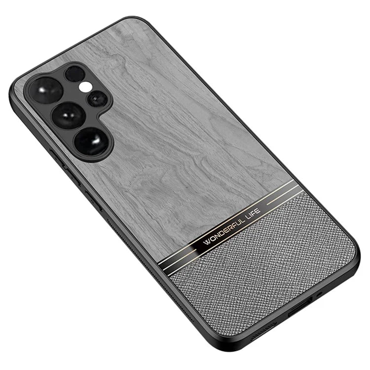 For Samsung Galaxy S24 Ultra Case Wood Texture Leather Coated TPU Phone Protective Cover