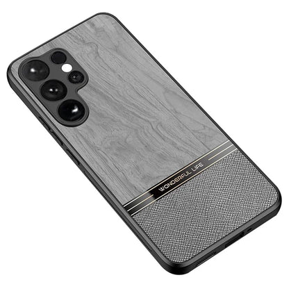 For Samsung Galaxy S23 Ultra Case Wood Texture Leather Coated TPU Phone Protective Cover