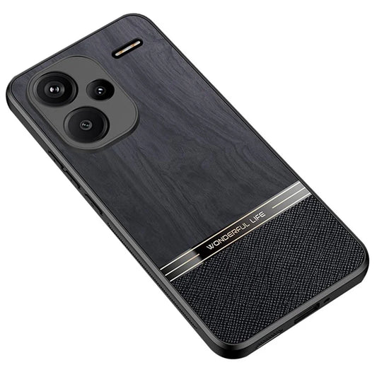 For Xiaomi Redmi Note 13 Pro+ 5G Case Wood Texture Leather Coated TPU Phone Protective Cover