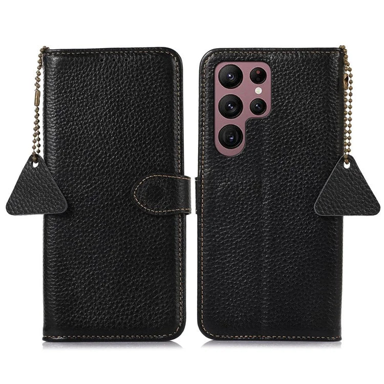 For Samsung Galaxy S25 Ultra Case RFID Blocking Litchi Texture Genuine Cow Leather Phone Cover