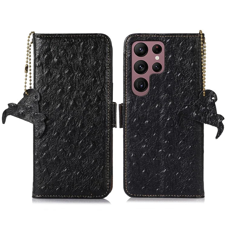 For Samsung Galaxy S25 Ultra Case RFID Blocking Genuine Cow Leather Phone Case Ostrich Texture