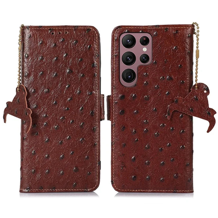 For Samsung Galaxy S25 Ultra Case RFID Blocking Genuine Cow Leather Phone Case Ostrich Texture