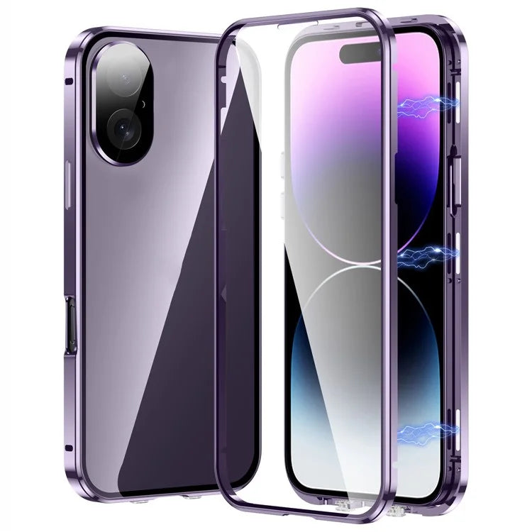 For iPhone 16 Case Magnetic Adsorption Double Sides Tempered Glass+Metal Phone Cover with Buckle