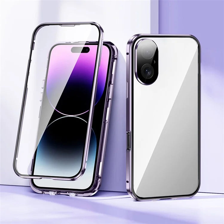 For iPhone 16 Case Magnetic Adsorption Double Sides Tempered Glass+Metal Phone Cover with Buckle