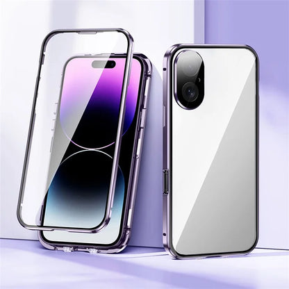 For iPhone 16 Case Magnetic Adsorption Double Sides Tempered Glass+Metal Phone Cover with Buckle