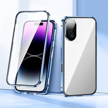For iPhone 16 Case Magnetic Adsorption Double Sides Tempered Glass+Metal Phone Cover with Buckle