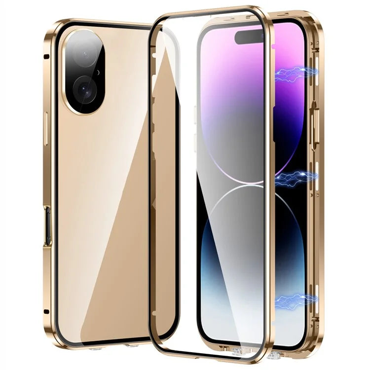 For iPhone 16 Case Magnetic Adsorption Double Sides Tempered Glass+Metal Phone Cover with Buckle