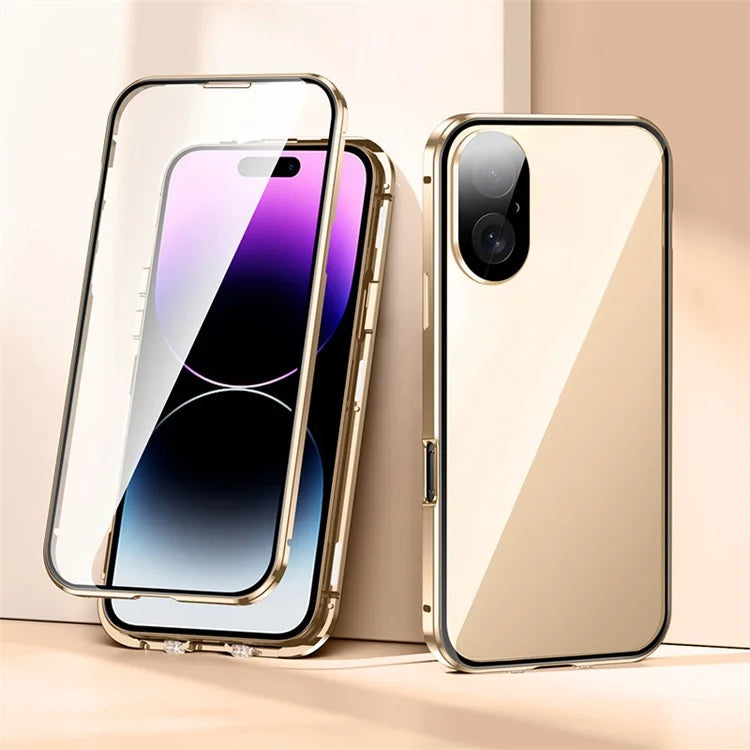 For iPhone 16 Case Magnetic Adsorption Double Sides Tempered Glass+Metal Phone Cover with Buckle