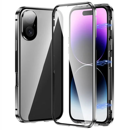 For iPhone 16 Case Magnetic Adsorption Double Sides Tempered Glass+Metal Phone Cover with Buckle