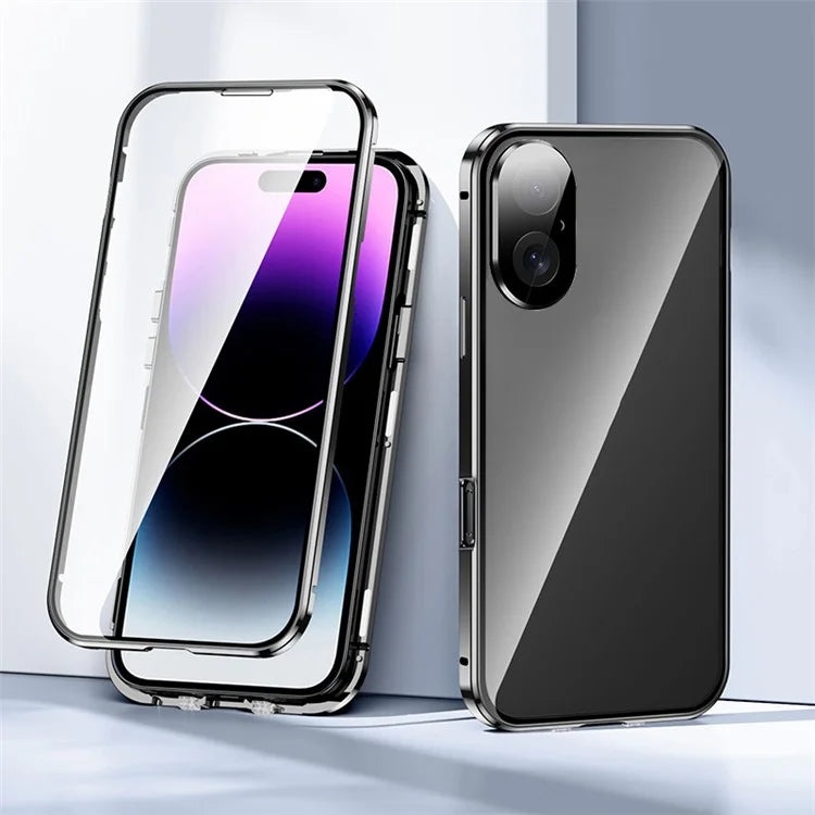 For iPhone 16 Case Magnetic Adsorption Double Sides Tempered Glass+Metal Phone Cover with Buckle