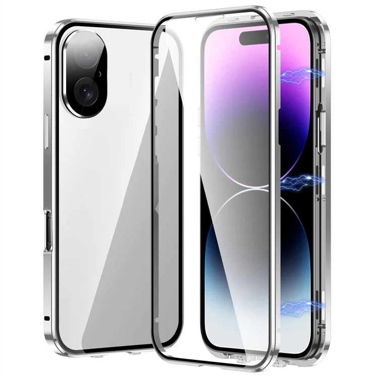 For iPhone 16 Case Magnetic Adsorption Double Sides Tempered Glass+Metal Phone Cover with Buckle