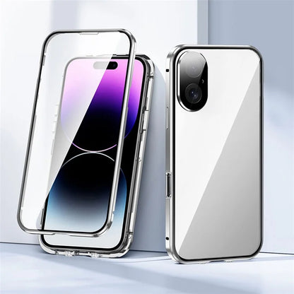 For iPhone 16 Case Magnetic Adsorption Double Sides Tempered Glass+Metal Phone Cover with Buckle