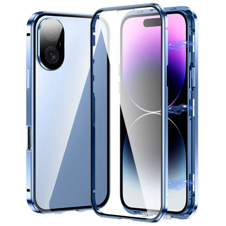 For iPhone 16 Plus Case Magnetic Adsorption Double Sides Tempered Glass+Metal Phone Cover with Buckle