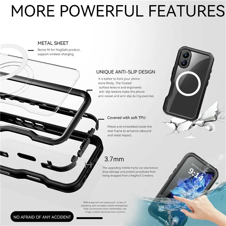 REDPEPPER D-UP Series For iPhone 16 Case IP68 Waterproof Clear Back Panel Phone Cover Compatible with MagSafe