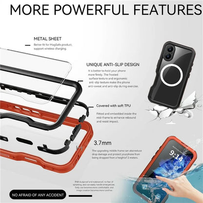 REDPEPPER D-UP Series For iPhone 16 Case IP68 Waterproof Clear Back Panel Phone Cover Compatible with MagSafe