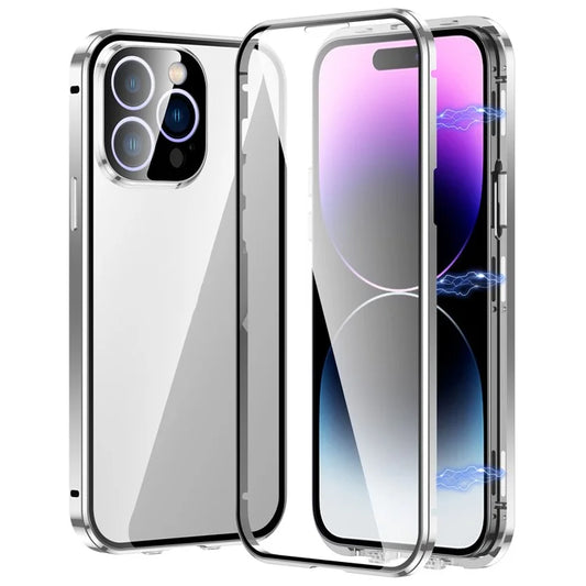 For iPhone 16 Pro Max Case Magnetic Adsorption Double Sides Tempered Glass+Metal Phone Cover with Buckle