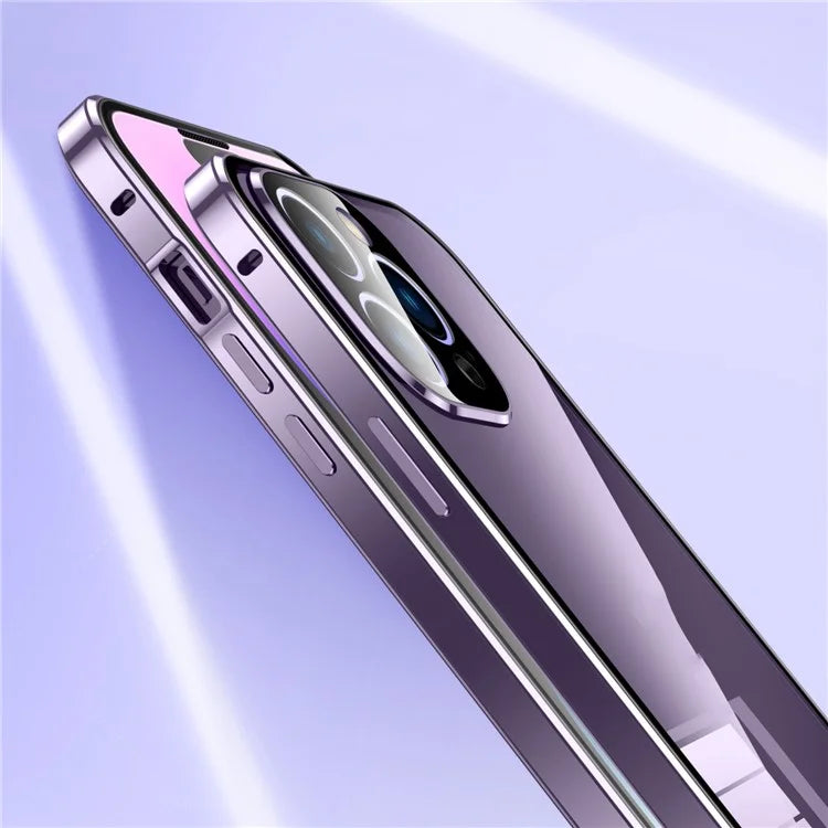 For iPhone 16 Pro Max Case Magnetic Adsorption Double Sides Tempered Glass+Metal Phone Cover with Buckle