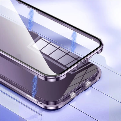 For iPhone 16 Pro Max Case Magnetic Adsorption Double Sides Tempered Glass+Metal Phone Cover with Buckle