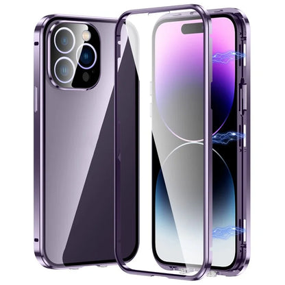 For iPhone 16 Pro Max Case Magnetic Adsorption Double Sides Tempered Glass+Metal Phone Cover with Buckle