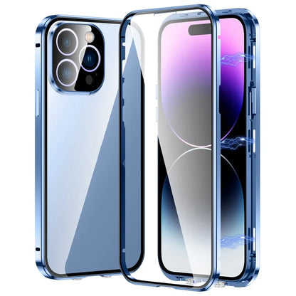 For iPhone 16 Pro Max Case Magnetic Adsorption Double Sides Tempered Glass+Metal Phone Cover with Buckle