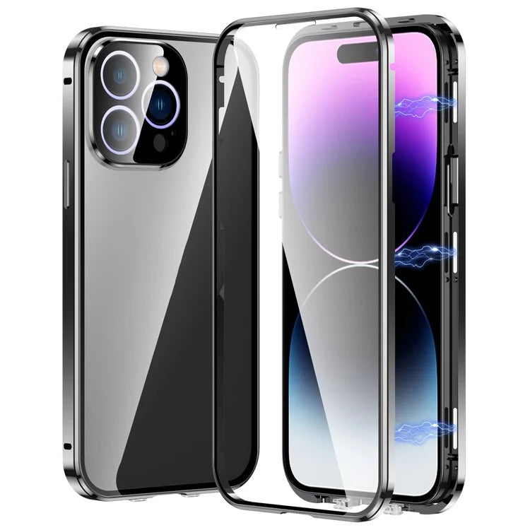 For iPhone 16 Pro Max Case Magnetic Adsorption Double Sides Tempered Glass+Metal Phone Cover with Buckle
