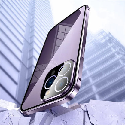 For iPhone 16 Pro Max Case Magnetic Adsorption Double Sides Tempered Glass+Metal Phone Cover with Buckle