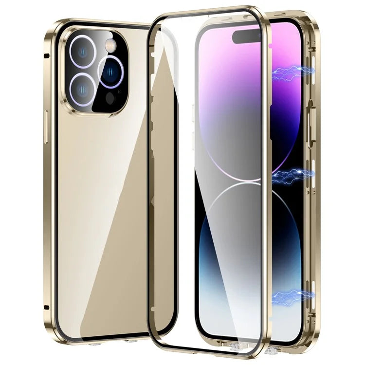 For iPhone 16 Pro Max Case Magnetic Adsorption Double Sides Tempered Glass+Metal Phone Cover with Buckle