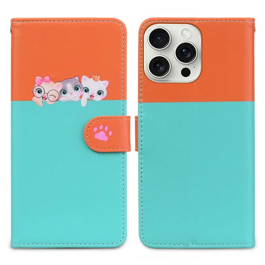 Cartoon Pet Series for iPhone 16 Pro Max Wallet Phone Case Splicing Leather Flip Cover
