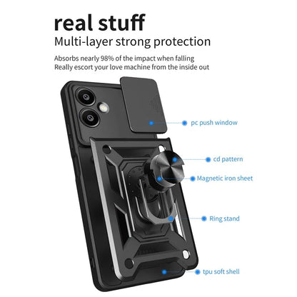 For Samsung Galaxy A06 Case with Slide Camera Lid PC+TPU Kickstand Phone Cover