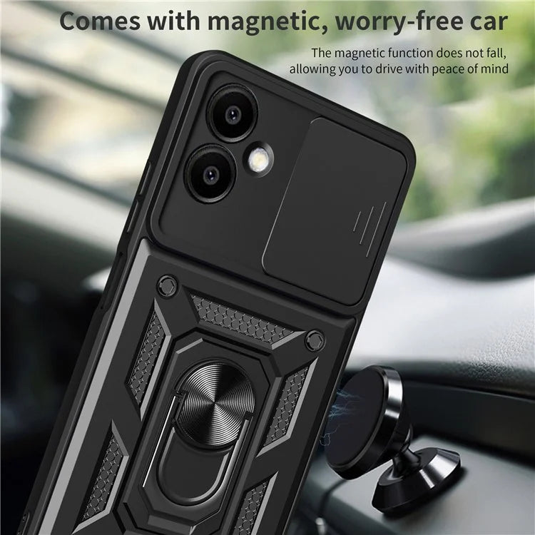 For Samsung Galaxy A06 Case with Slide Camera Lid PC+TPU Kickstand Phone Cover