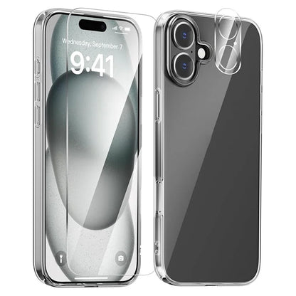 For iPhone 16 Clear TPU Anti-Scratch Phone Case + Tempered Glass Lens Film + 2.5D Arc Edge Screen Protector