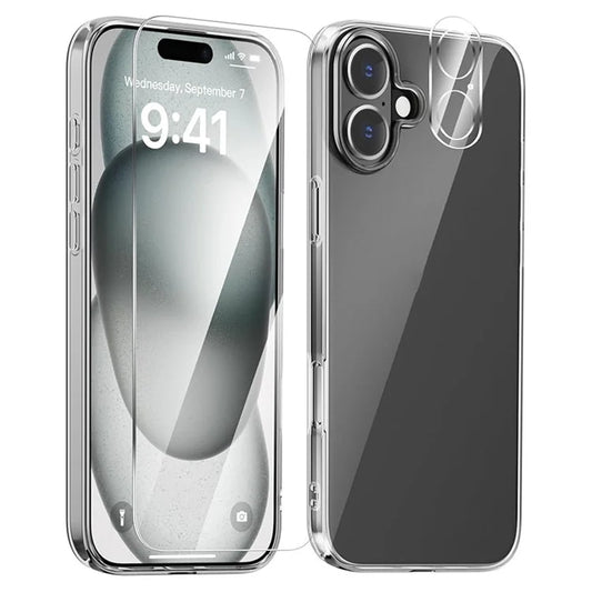 For iPhone 16 Clear TPU Anti-Scratch Phone Case + Tempered Glass Lens Film + 2.5D Arc Edge Screen Protector