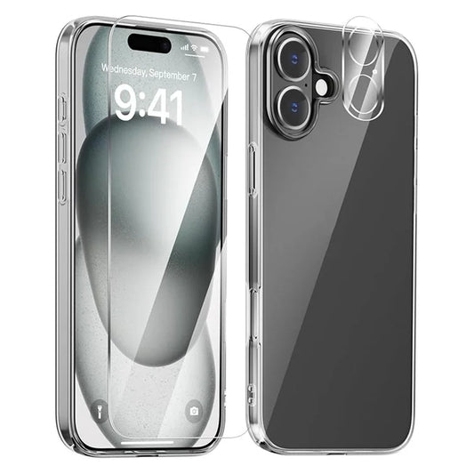 For iPhone 16 Plus Clear TPU Anti-Scratch Phone Case + Tempered Glass Lens Film + 2.5D Arc Edge Screen Protector