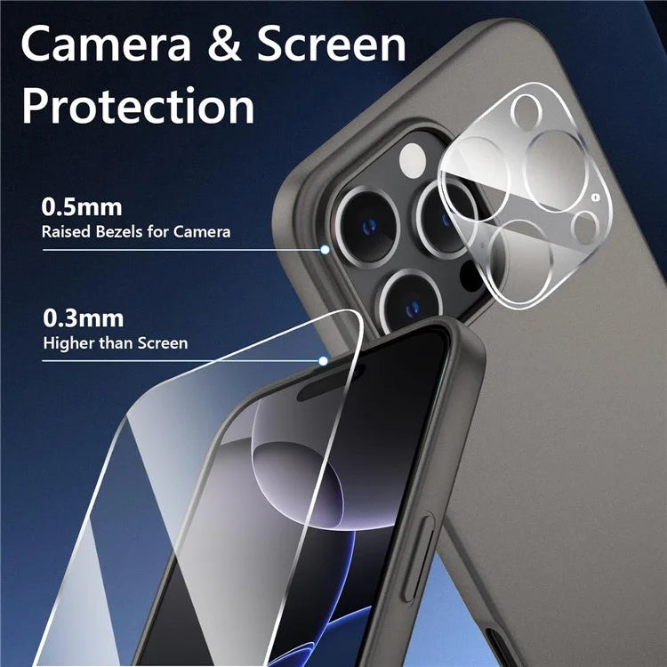 For iPhone 16 Pro Matte TPU Anti-Scratch Phone Case + Tempered Glass Lens Film + 2.5D Arc Edge Screen Protector
