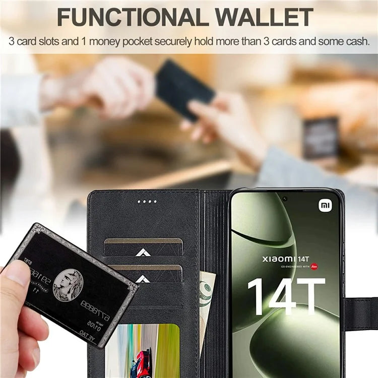 LC.IMEEKE For Xiaomi 14T Case Calf Texture PU Leather Stand Wallet Phone Cover