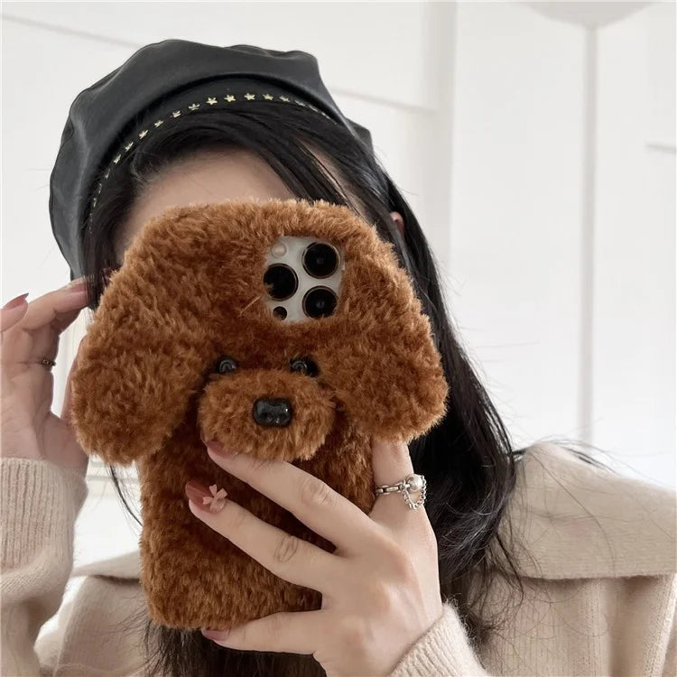 For iPhone 15 Pro Case Cute Teddy Dog Fluffy Soft TPU Winter Phone Cover