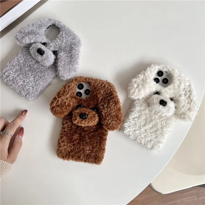 For iPhone 15 Pro Case Cute Teddy Dog Fluffy Soft TPU Winter Phone Cover