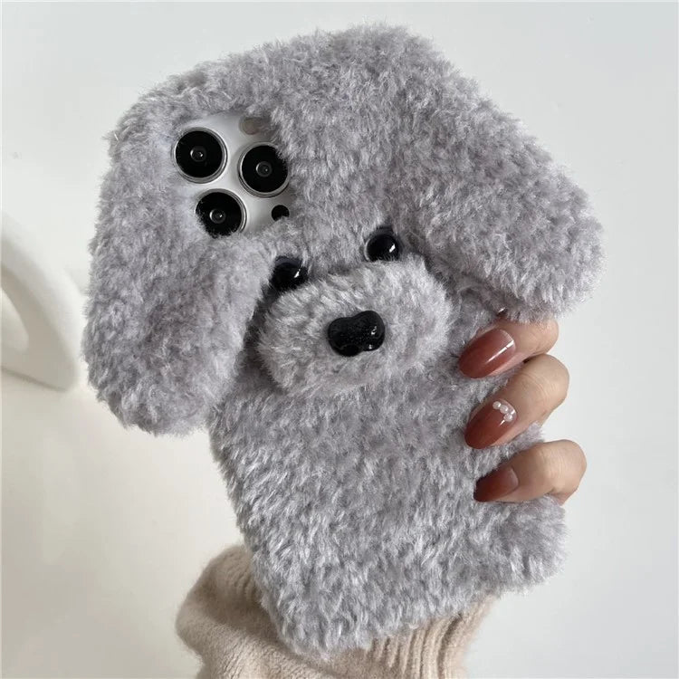 For iPhone 15 Pro Case Cute Teddy Dog Fluffy Soft TPU Winter Phone Cover