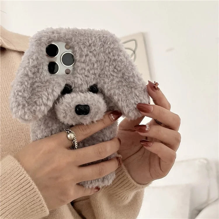 For iPhone 15 Pro Case Cute Teddy Dog Fluffy Soft TPU Winter Phone Cover