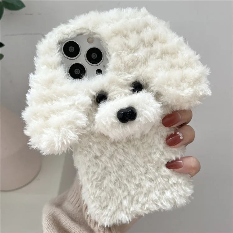 For iPhone 15 Pro Case Cute Teddy Dog Fluffy Soft TPU Winter Phone Cover