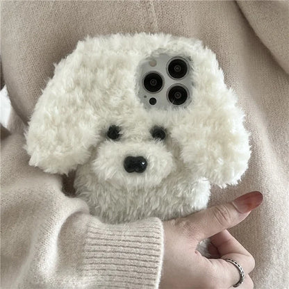 For iPhone 15 Pro Case Cute Teddy Dog Fluffy Soft TPU Winter Phone Cover