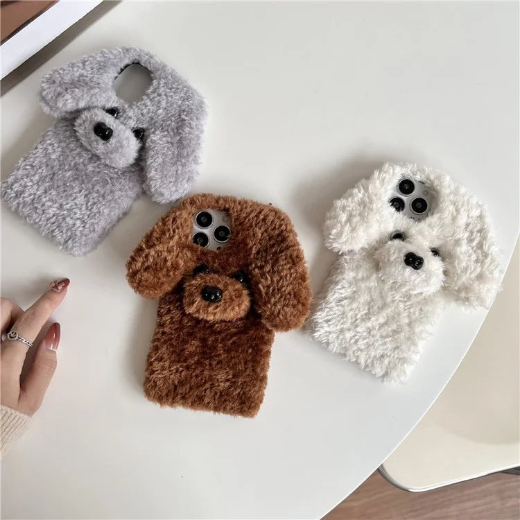 For iPhone 15 Pro Case Cute Teddy Dog Fluffy Soft TPU Winter Phone Cover