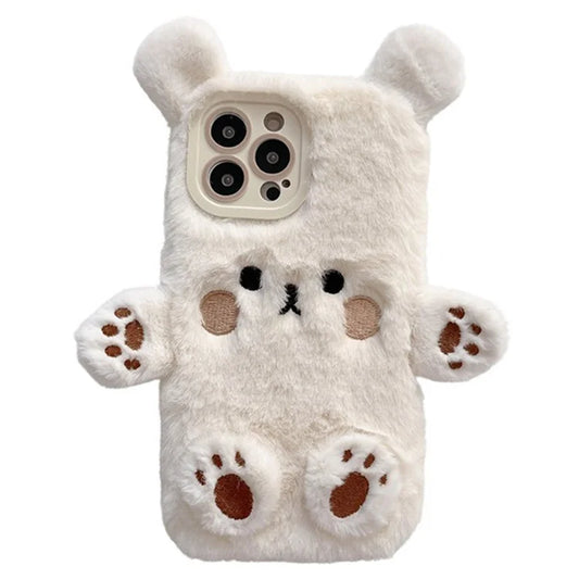 For iPhone 15 Pro Max Case Cartoon 3D Bear Furry Plush TPU Winter Warm Phone Cover