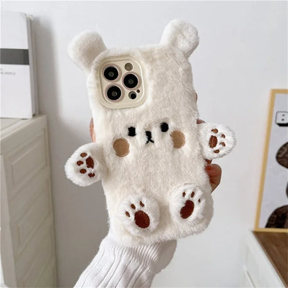 For iPhone 15 Pro Max Case Cartoon 3D Bear Furry Plush TPU Winter Warm Phone Cover