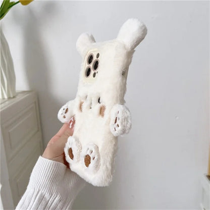 For iPhone 15 Pro Max Case Cartoon 3D Bear Furry Plush TPU Winter Warm Phone Cover
