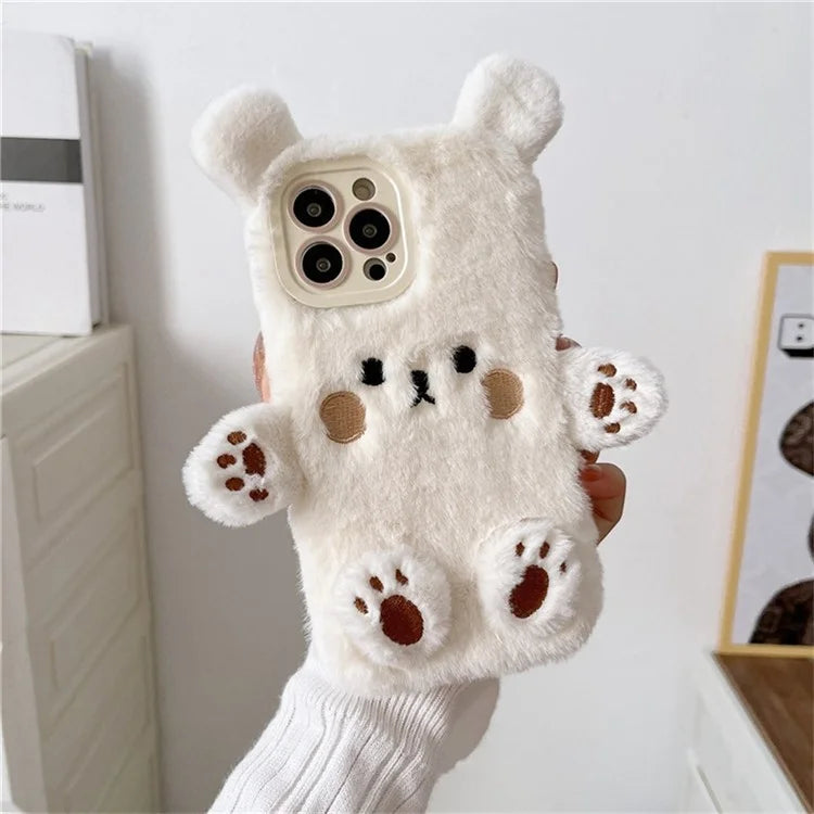 For iPhone 15 Pro Case Cartoon 3D Bear Furry Plush TPU Winter Warm Phone Cover