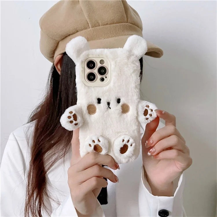 For iPhone 15 Pro Case Cartoon 3D Bear Furry Plush TPU Winter Warm Phone Cover