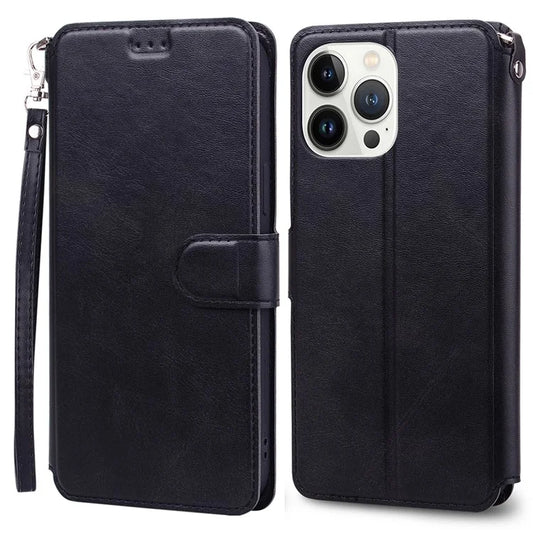 For iPhone 15 Pro Case PU Leather Flip Stand Wallet Phone Cover with Wrist Strap